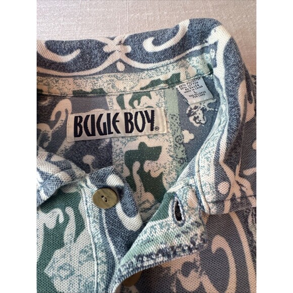 Vintage 90s Bugle Boy Polo Abstract Print Geometric Pattern Size Large Blue Camp - Picture 8 of 8